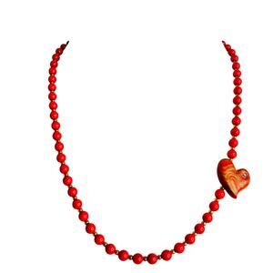 Red Beaded Polymer Clay Rhinestone Accent Side Placed Heart Pendant Necklace